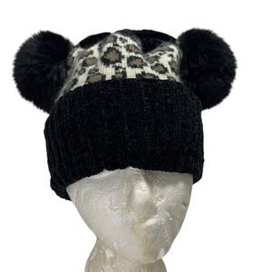 Women Winter Beanie Leopard Print Double Faux Fur Pom Pom